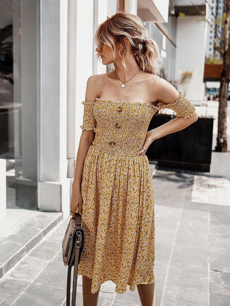 Yellow Floral Off The Shoulder Midi Dress