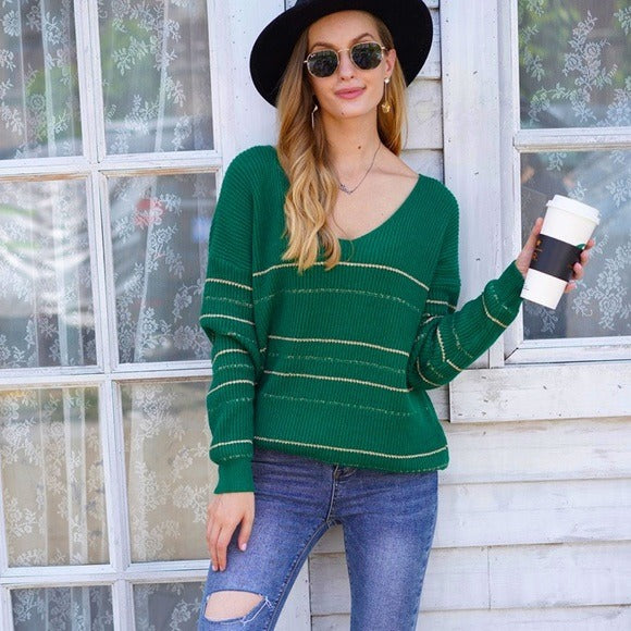 Emerald V Neck Striped Sweater