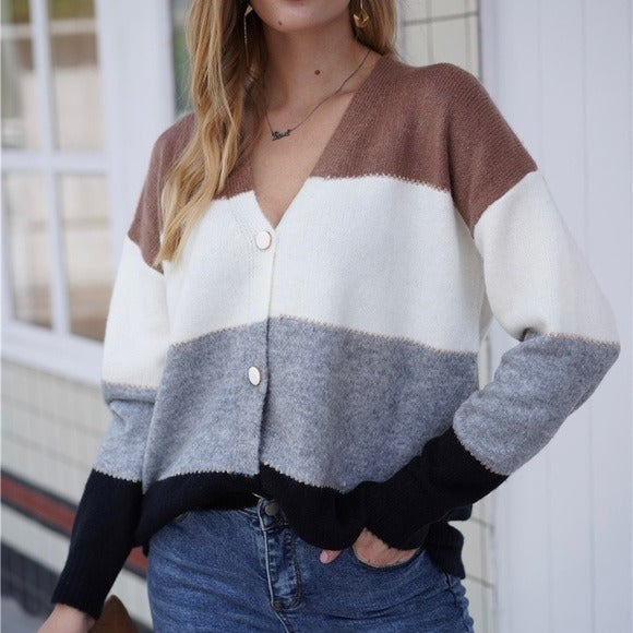 V Neck Wide Stripped Button Down Sweater Tan