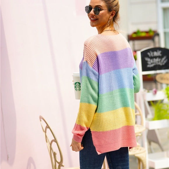 Rainbow Color V Neck Loose Fit Sweater