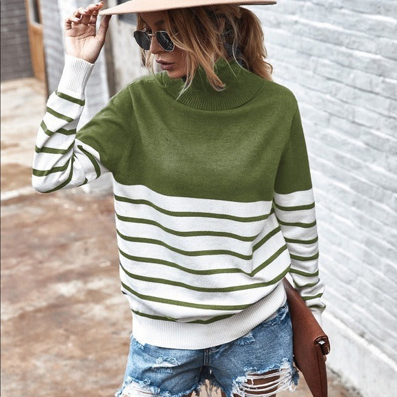 Turtle Neck Striped Sweater Olive