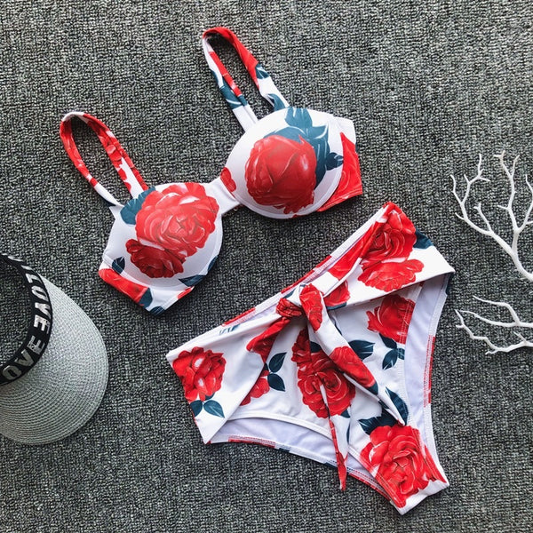 Red Ivory Floral High Waist Bikini Set