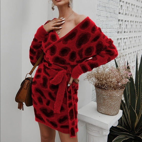 Leopard V Neck Tie Belt Sweater Dress Red Stunning Mystery Leopard V Neck Tie Belt Sweater Dress Red Stunning Mystery
