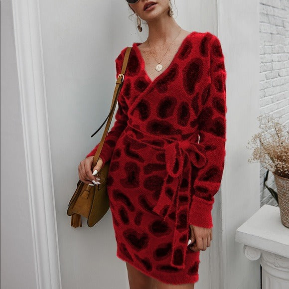 Leopard V Neck Tie Belt Sweater Dress Red
