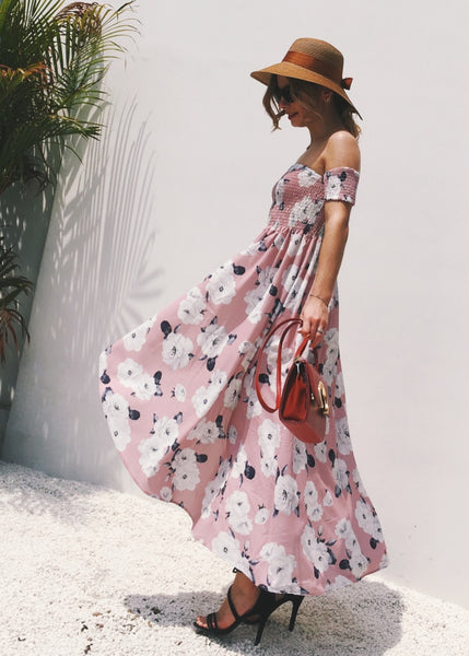 Dust Pink Floral Off The Shoulder Dress