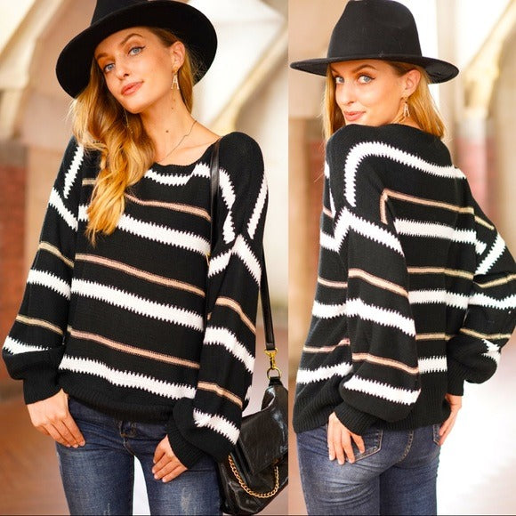 Black Striped Loose Fit Sweater