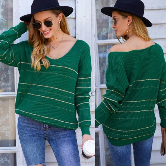 Emerald V Neck Striped Sweater