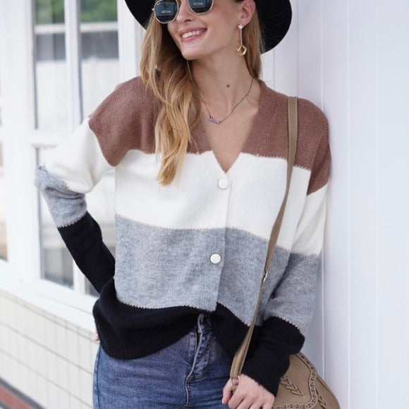 V Neck Wide Stripped Button Down Sweater Tan
