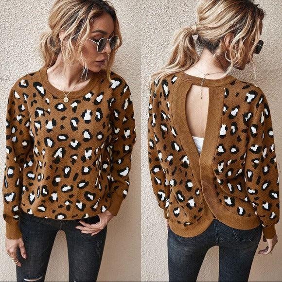 Leopard Print Backless Sweater Coffee
