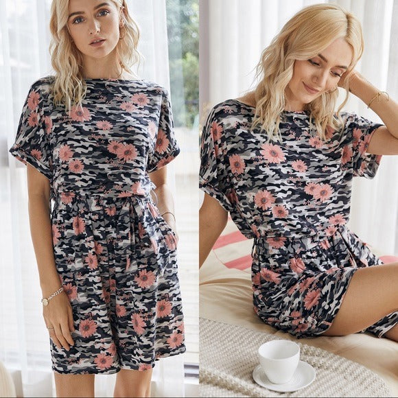 Floral Short Sleeve Romper with Pockets