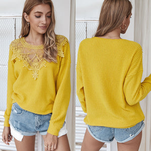 Yellow Lace Neckline Long Sleeve Top