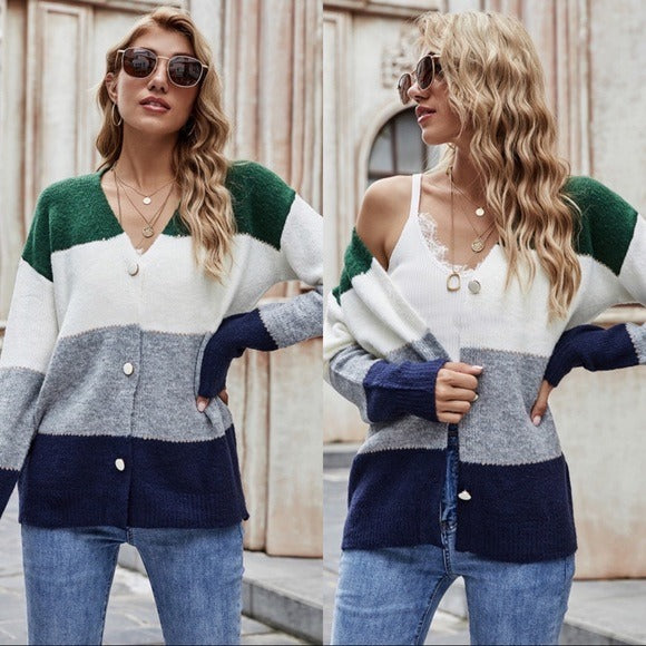 V Neck Wide Stripped Button Down Sweater Forest