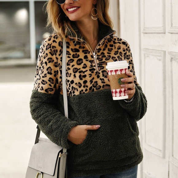 Leopard Print Furry Zipper Sweatshirt Olive