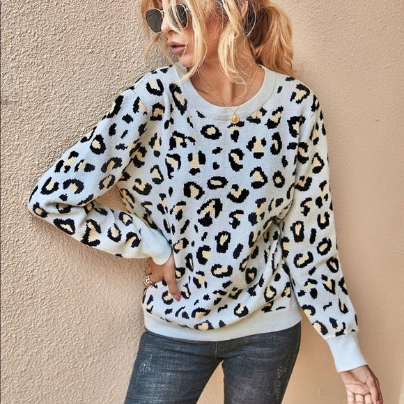 Leopard Print Backless Sweater Gray