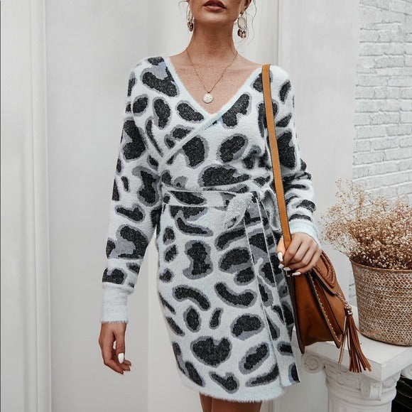 Leopard V Neck Tie Belt Sweater Dress Gray