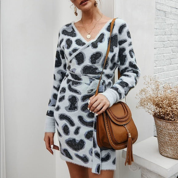Leopard V Neck Tie Belt Sweater Dress Gray