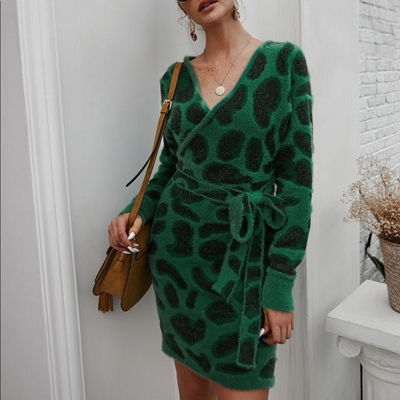 Leopard V Neck Tie Belt Sweater Dress Jade