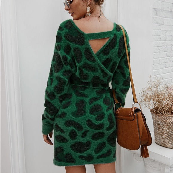 Leopard V Neck Tie Belt Sweater Dress Jade