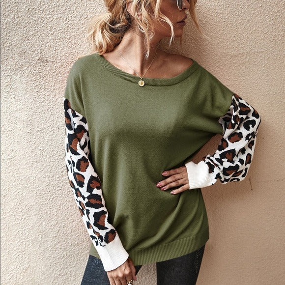 Animal Print Sleeve Sweater Olive