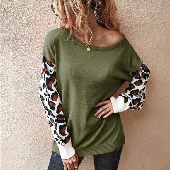 Animal Print Sleeve Sweater Olive
