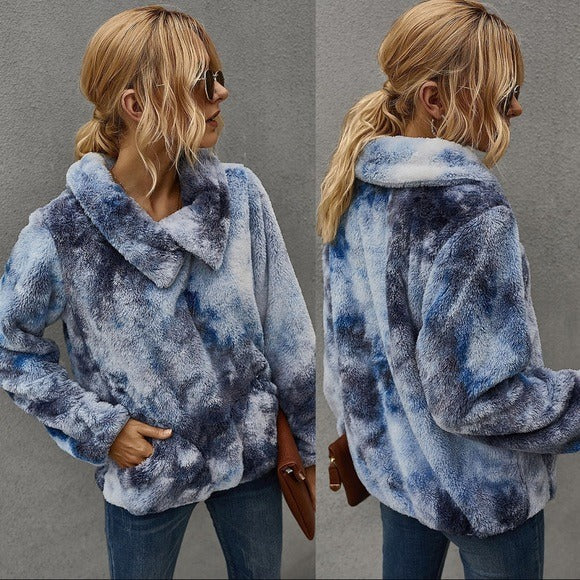 Tie Dye Sherpa Fleece Sweatshirt Blue