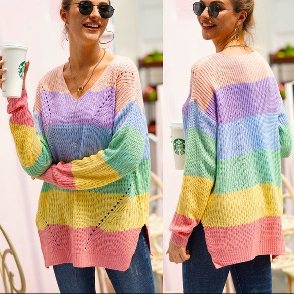 Rainbow Color V Neck Loose Fit Sweater