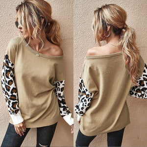 Animal Print Sleeve Sweater Tan