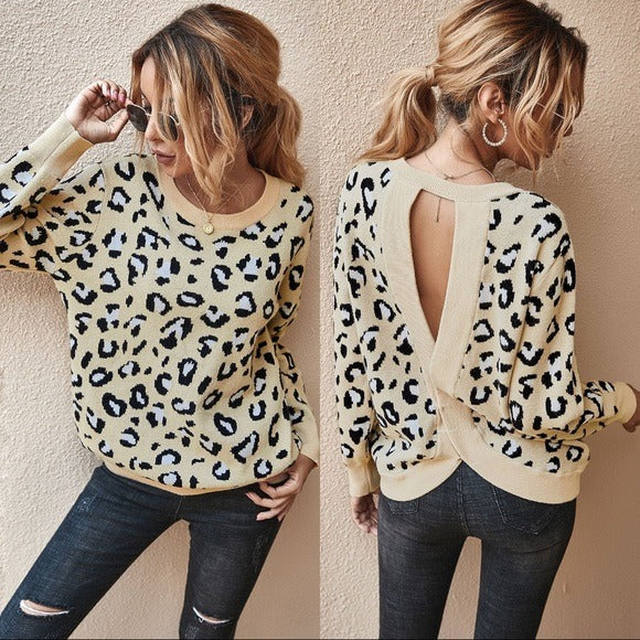 Leopard Print Backless Sweater Buttermilk