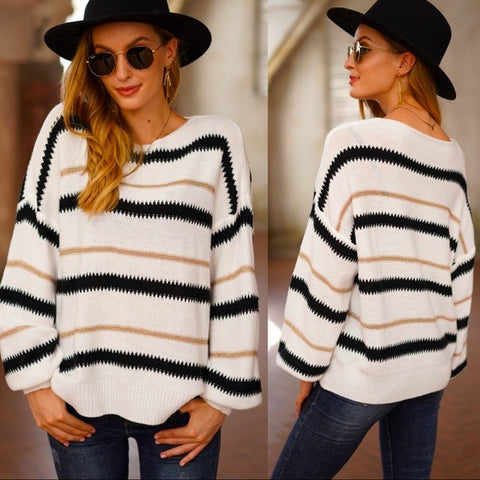 White Striped Loose Fit Sweater