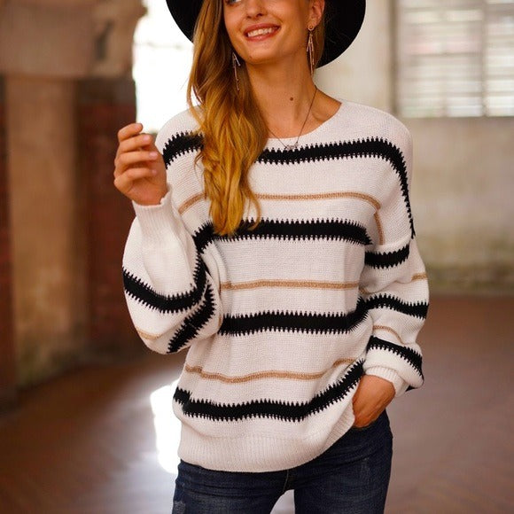 White Striped Loose Fit Sweater