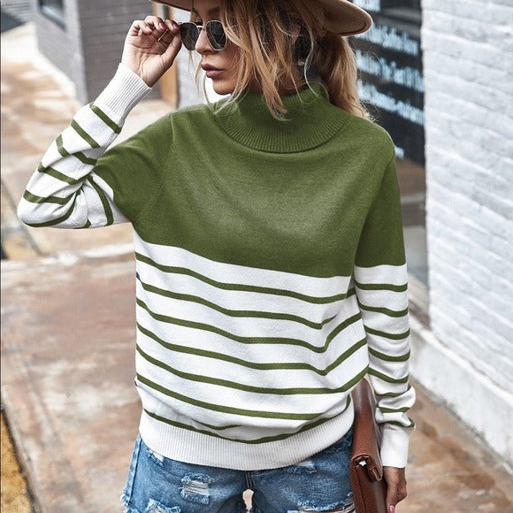 Turtle Neck Striped Sweater Olive