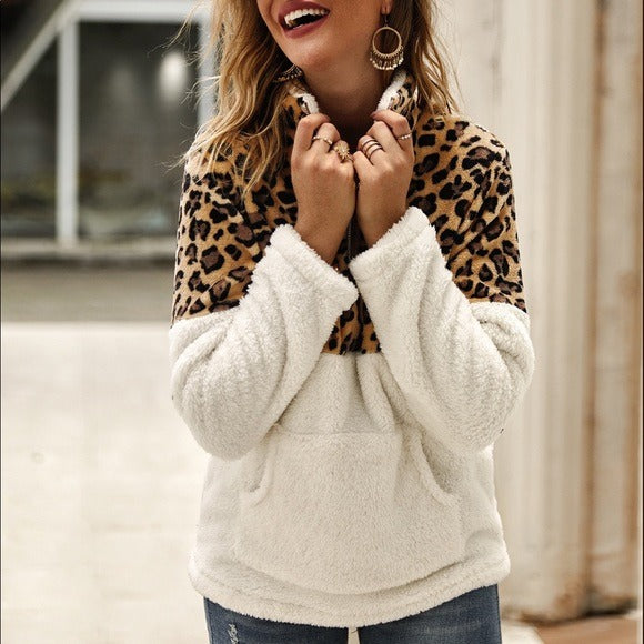 Leopard Print Furry Zipper Sweatshirt White