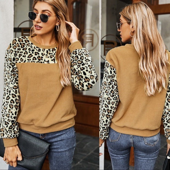 Leopard Print Fleece Sweatshirt Caramel