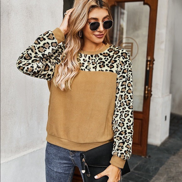 Leopard Print Fleece Sweatshirt Caramel
