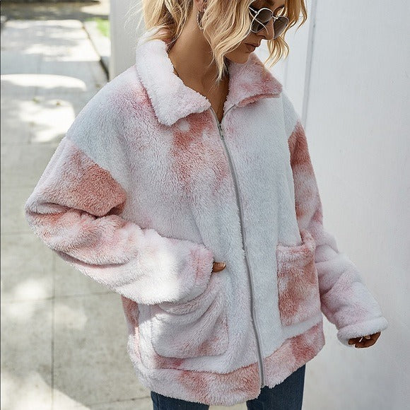 Tie Dye Sherpa Fleece Jacket w/ Pockets Pink