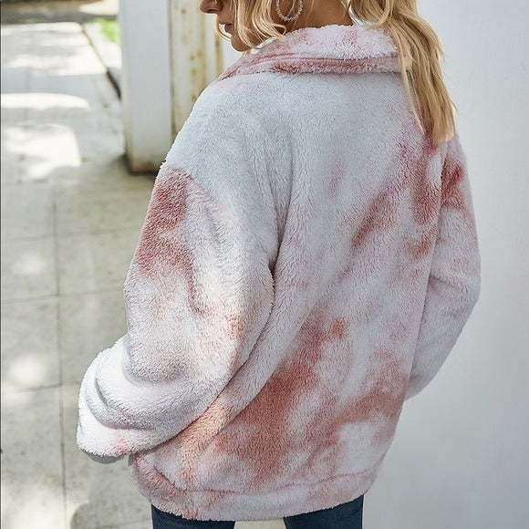 Tie Dye Sherpa Fleece Jacket w/ Pockets Pink